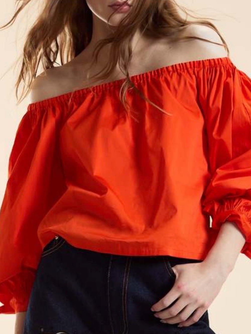 NWT $295 Cynthia Rowley Bright Orange Off-Shoulder Puff Sleeve Top
